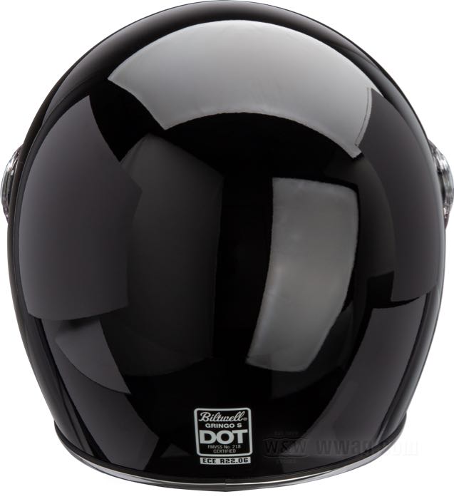Full face helmet »Gringo S« by Biltwell Inc.; ABS, gloss black, with chrome trim; net weight: 1500 g; int. size: S - 55-56 cm; with soft fabric storage bag; ECE R22-06 approved; gross weight: 2.03 kg