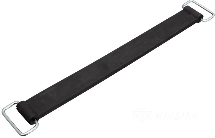 Batteriehalteband; passend für 5-Gang FLT, FLHT, FLHS 1980→, Softail 1984→,  XLCR 1977-1978, Sportster 1979; Gummi; Länge: 27 cm; ersetzt OEM HD 66105-77; Bruttogewicht: 60 g