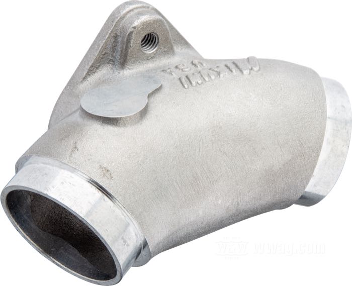 Pipe d'admission; pour carburateurs Mikuni HSR 42 et 45; adaptable à Evo Big Twin; aluminium, avec perçage ovale, distance trous de montage du carburateur: 75 mm; pour carburateurs Mikuni; poids brut: 250 g
