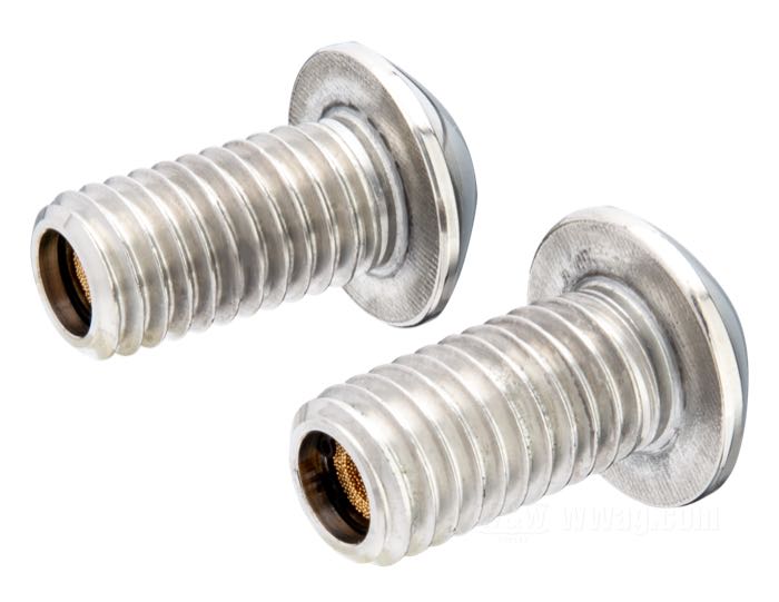Breather bolts by Prism Supply Co.; fits Big Twin 1993-1998, Softail 1999, Sportster 1991-2020; stainless steel / brass, polished; thread: 1/2”-13; thread length: 1 ”; hex socket button head; wrench size: 5/16 ”; USA; gross weight: 55 g