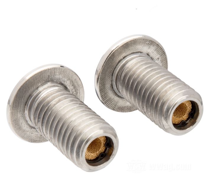 Breather bolts by Prism Supply Co.; fits Big Twin 1993-1998, Softail 1999, Sportster 1991-2020; stainless steel / brass, polished; thread: 1/2”-13; thread length: 1 ”; hex socket button head; wrench size: 5/16 ”; USA; gross weight: 55 g