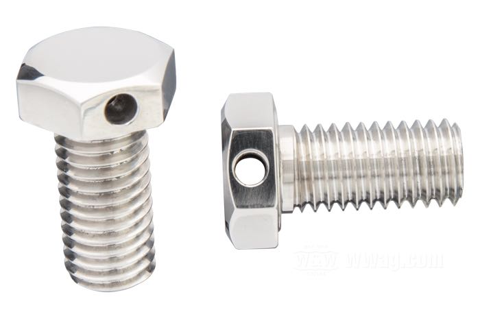 Tornillos de ventilación de Prism Supply Co.; apropiado para Big Twin 1993-1998, Softail 1999, Sportster 1991-2020; acero inoxidable / latón, pulido; rosca: 1/2”-13; largo de la rosca: 1 ”; hexagonal; llave: 3/4 ”; EE. UU.; peso bruto: 66 g