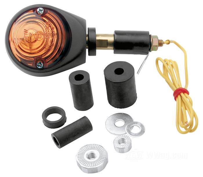 Intermitente para manillar »British style halogen«; para manillares 1” y 22 mm; aluminio, negro, recubierto en epoxy; tipo de bombilla: H21W; casquillo: BAY9s; con adaptadores; homologado E1; peso bruto: 180 g