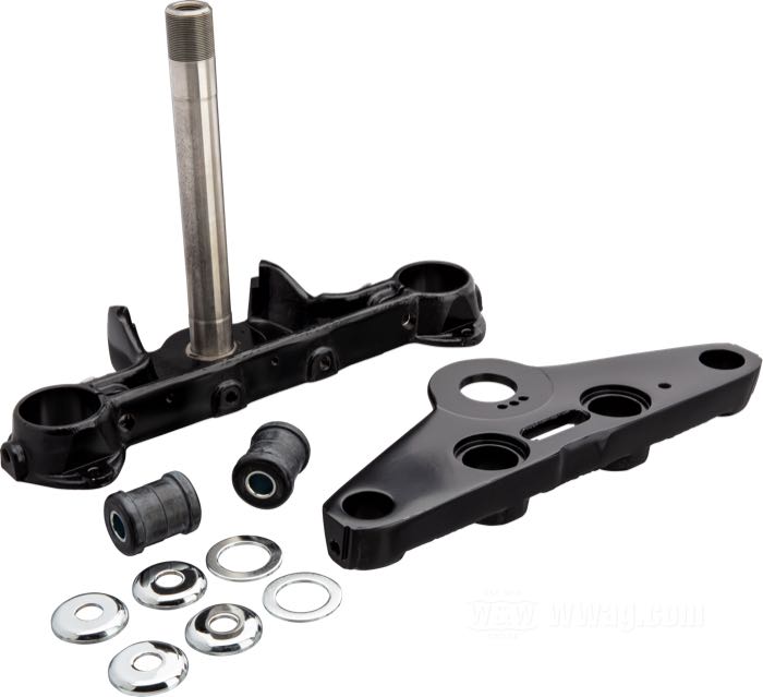 Gabelbrückenkit; passend für Hydra/Duo/Electra Glide 1960-1984; Gusseisen, schwarz, lackiert, mit Aufnahmen für Gabel-Covers; Rake: -2 °; Gabel-Breite: 251 mm; ersetzt OEM HD 56121-73A und 45700-69; mit Teilegutachten; Bruttogewicht: 7.06 kg