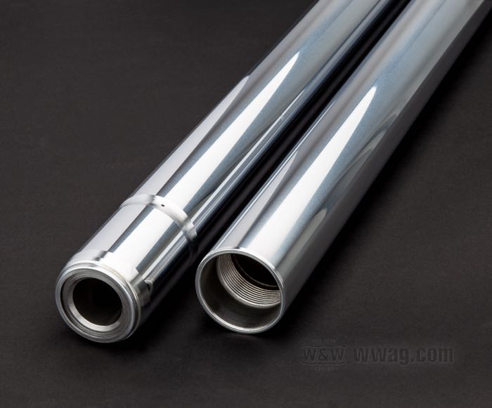 Tubos de horquilla; apropiado para FL y FLH late 1977-1984, FLT 1980-1983; acero, cromo duro; largo: 527 mm; Ø 41.3 mm; reemplaza OEM HD 45825-77A; peso bruto: 4.37 kg
