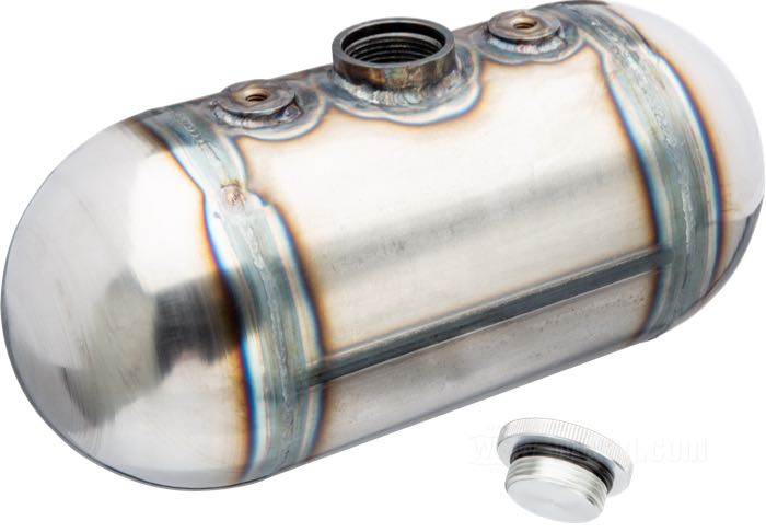 Öltank »Domed« von Lowbrow Customs; Stahl, blank, Befestigungsgewinde: 5/16”-18; Länge: 247 mm; Ø 128 mm; Volumen: 2.84 l; Einfüllstutzen: 1-5/16