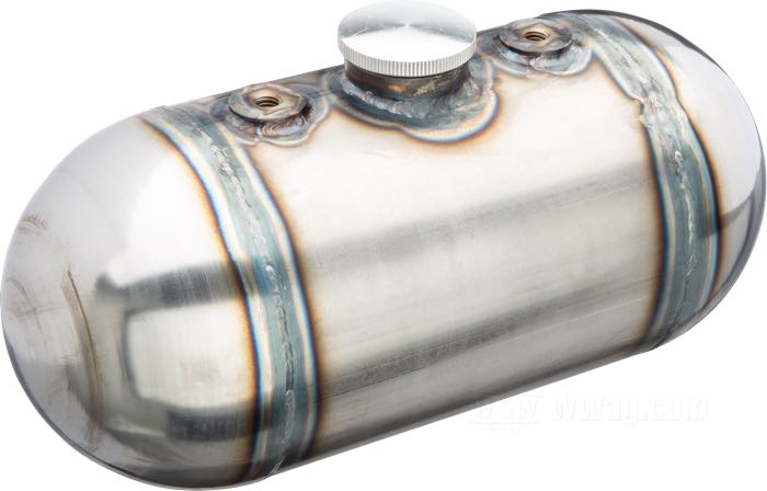 Öltank »Domed« von Lowbrow Customs; Stahl, blank, Befestigungsgewinde: 5/16”-18; Länge: 247 mm; Ø 128 mm; Volumen: 2.84 l; Einfüllstutzen: 1-5/16
