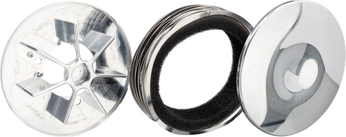 Filtro aria »Dipper« di Trident Cycle Supply; alluminio billet / acciaio inox, lucidato; profondità: 1-1/2”; Ø 5.5”; per carburatori CV; con inserto filtrante e viti di fissaggio; U.S.A.; peso lordo: 530 g