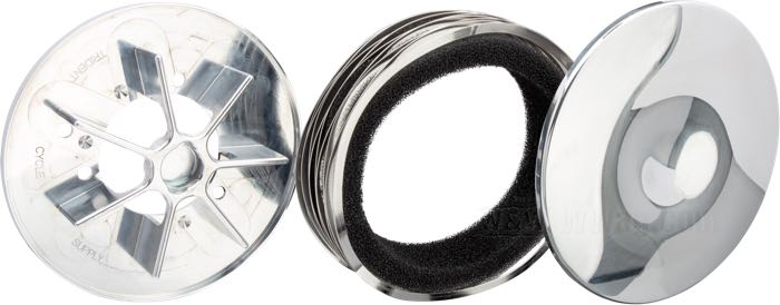 Filtro de aire »Dipper« de Trident Cycle Supply; aluminio macizo / acero inoxidable, pulido; fondo: 1-1/2”; Ø 5.5”; para carburadores S&S Super E/G; con elemento filtrante y tornillos de montaje; EE. UU.