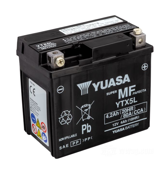 Battery »AGM YTX5L WC« by Yuasa; fits models without electric starter; L x H x D: 104 x 109 x 70 mm; net weight: 1.8 kg; 12 V; 4 Ah; energy rating: 48 Wh; cold cranking current (EN): 80 A; pole connections: M5 (screws included); gross weight: 1.89 kg