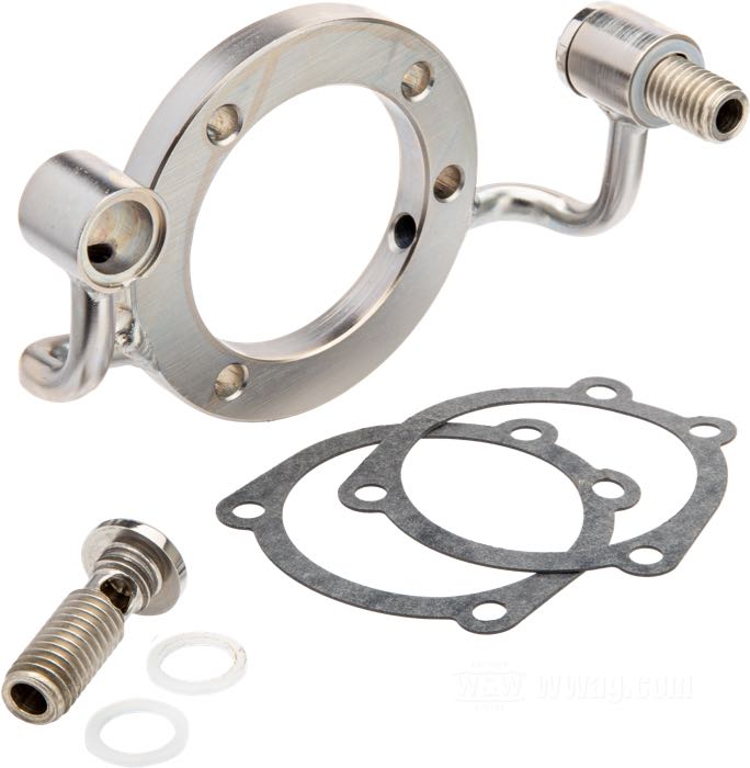 Kit di sfiato di HBS; per carburatori CV; atto per Evolution Sportster 1991-2006; acciaio, zincato-nichelato; Ø interno: 58; Ø esterno: 86; spessore: 10 mm; filettatura: 1/2”-13; con 2 viti di sfiato e guarnizioni; Germania; peso lordo: 664 g