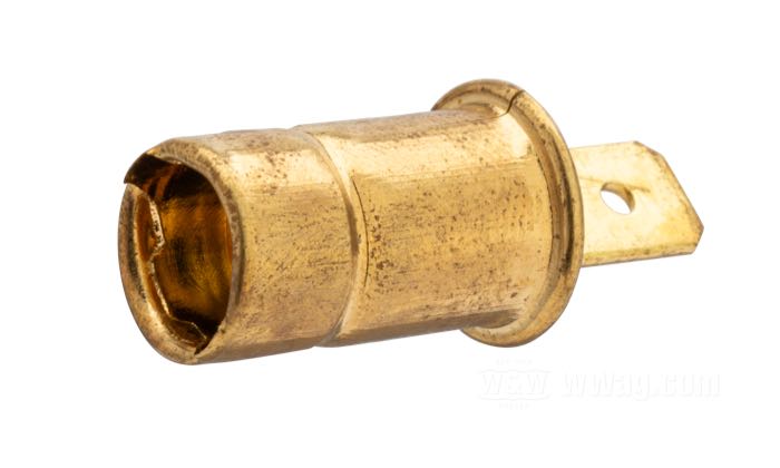 Glühlampenfassung »early style«; Messing / Federstahl / Hartpapier/Harz, blank; Tiefe: 16 mm; Ø 9.8 mm; ohne Glühlampe; Sockel: BA7s; mit 6.3 mm Flachsteckanschluss; Bruttogewicht: 10 g
