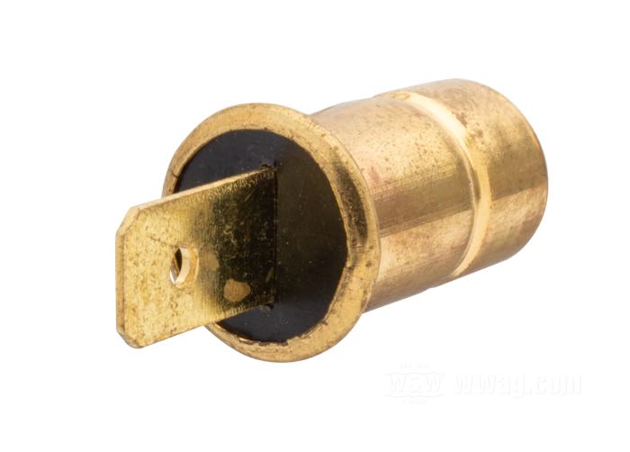 Glühlampenfassung »early style«; Messing / Federstahl / Hartpapier/Harz, blank; Tiefe: 16 mm; Ø 9.8 mm; ohne Glühlampe; Sockel: BA7s; mit 6.3 mm Flachsteckanschluss; Bruttogewicht: 10 g