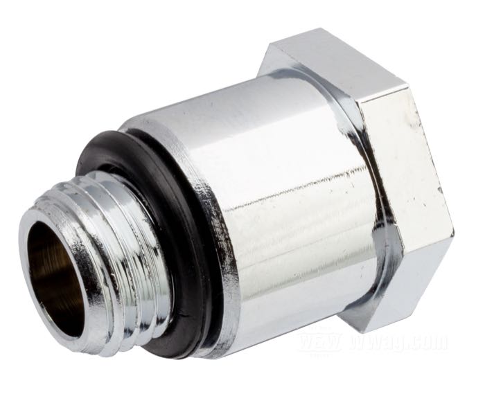 Adaptador; para agujero de tapón filtro aceite empujadores; apropiado para Big Twin 1966→; acero, straight; rosca: 1/2”-20; rosca del racor: 1/8” NPT internal thread; reemplaza OEM HD 75083-94; peso bruto: 36 g