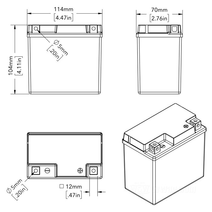 Battery »AGM YTX5L WC« by Yuasa; fits models without electric starter; L x H x D: 104 x 109 x 70 mm; net weight: 1.8 kg; 12 V; 4 Ah; energy rating: 48 Wh; cold cranking current (EN): 80 A; pole connections: M5 (screws included); gross weight: 1.89 kg