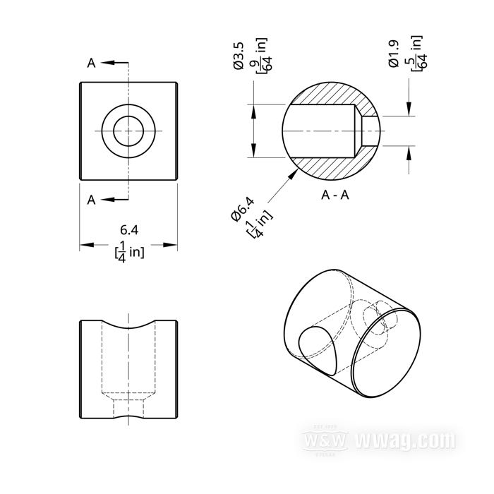 Ferrule by Barnett; must be used with  #22-613 or #22-614; brass; length: 6.35 mm; Ø 6.35 mm; inner Ø: 3.45 mm; USA; gross weight: 1 g