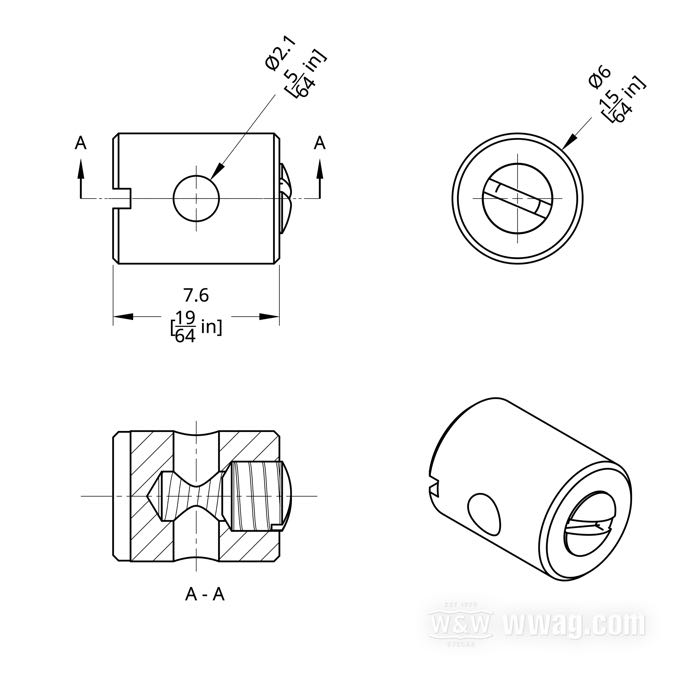Nippolo a vite di Barnett; ottone; lunghezza: 7.62 mm; Ø 5.7 mm; Ø interno: 2.08 mm; U.S.A.; peso lordo: 1 g
