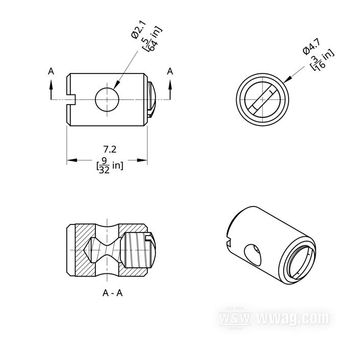 Nippolo a vite di Barnett; ottone; lunghezza: 7.24 mm; Ø 4.7 mm; Ø interno: 2.08 mm; U.S.A.; peso lordo: 1 g