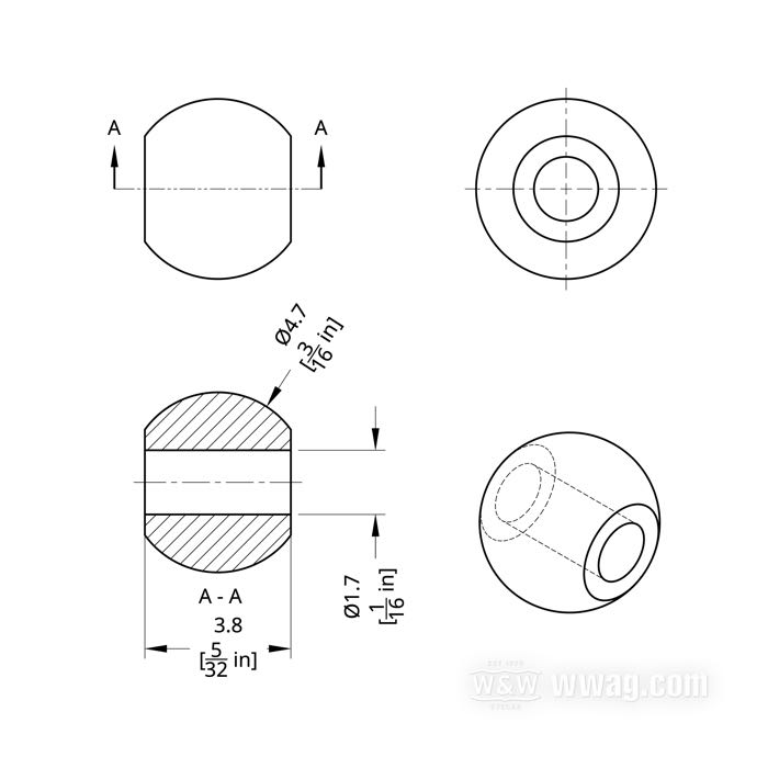 Solder type fitting »ball« by Barnett; brass; Ø 4.7 mm; inner Ø: 1.68 mm; USA; gross weight: 1 g