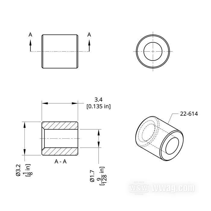 Solder type fitting by Barnett; brass; length: 3.43 mm; Ø 3.18 mm; inner Ø: 1.75 mm; USA; gross weight: 1 g