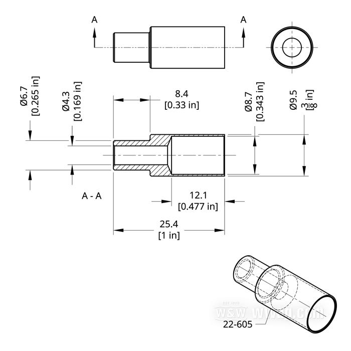 Terminale di Barnett; per Guaina di cavo / Cavo frizione; alluminio; lunghezza: 25.4 mm; Ø 6.73 mm; U.S.A.; peso lordo: 2 g