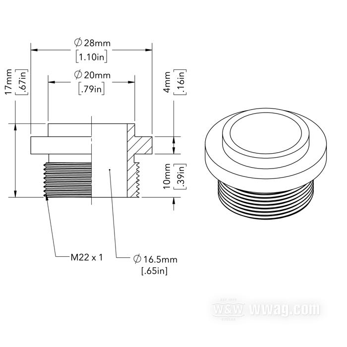 Anschlussstück von Calles Chopperdelar; für Benzintank; Stahl, blank; Höhe: 17 mm; Ø 28 mm; Gewinde: M22; Schweden; Bruttogewicht: 25 g