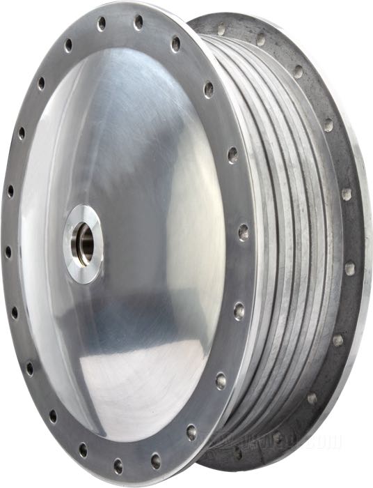 Drum brake »Hamburger« by IronheadChina; fits XL 1964-1972, FX 1971-1972; matching axle Ø: 17 mm; cast aluminum, polished, number of spoke holes: 40; width: 111 mm; position: front; ID x OD: 202 x 248 mm; with brake shoes, brake cam, springs, pivot stud; replaces OEM HD 43600-64, and 44148-64; China; gross weight: 5.31 kg