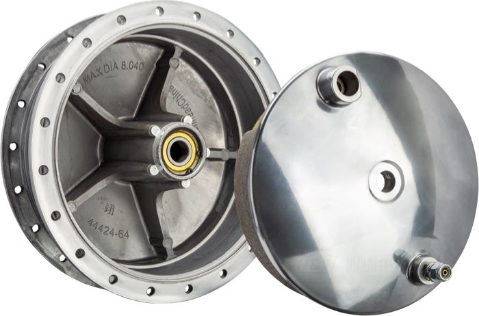 Drum brake »Hamburger« by IronheadChina; fits XL 1964-1972, FX 1971-1972; matching axle Ø: 17 mm; cast aluminum, polished, number of spoke holes: 40; width: 111 mm; position: front; ID x OD: 202 x 248 mm; with brake shoes, brake cam, springs, pivot stud; replaces OEM HD 43600-64, and 44148-64; China; gross weight: 5.31 kg