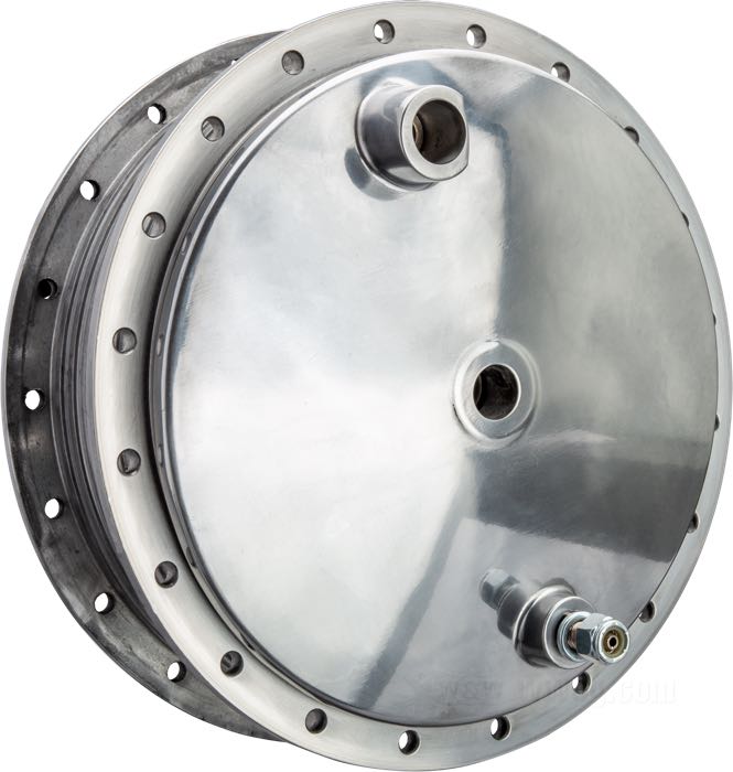 Drum brake »Hamburger« by IronheadChina; fits XL 1964-1972, FX 1971-1972; matching axle Ø: 17 mm; cast aluminum, polished, number of spoke holes: 40; width: 111 mm; position: front; ID x OD: 202 x 248 mm; with brake shoes, brake cam, springs, pivot stud; replaces OEM HD 43600-64, and 44148-64; China; gross weight: 5.31 kg