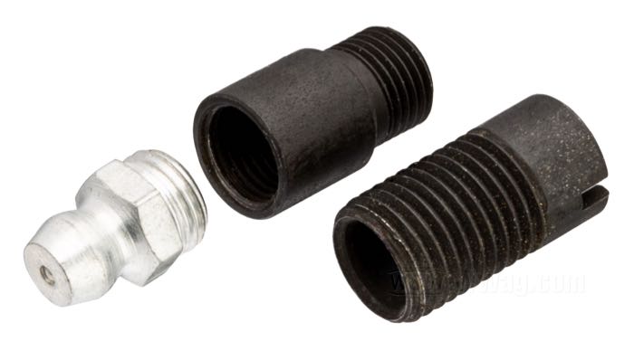 Engrasador de Colony; para Casquillo / Placa de base del freno; para Casquillo de eje; apropiado para Big Twin 1936-1948, Servi-Car 1941-1957, WLC; delante; acero, parkerizado / CAD (método ZnNi); con prolongación, salida; reemplaza OEM HD 9851; EE. UU.; EE. UU.; peso bruto: 20 g