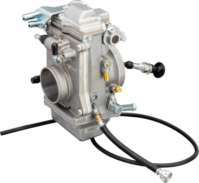 Carburatore a valvola »HSR42« di Mikuni; atto per Shovelhead 1966-1984; alluminio fuso / acciaio; con collettore, fascette e filtro aria con coperchio cromato; AVVERTENZA: usa cavi apertura/chiusura di 1990→; peso lordo: 2.88 kg