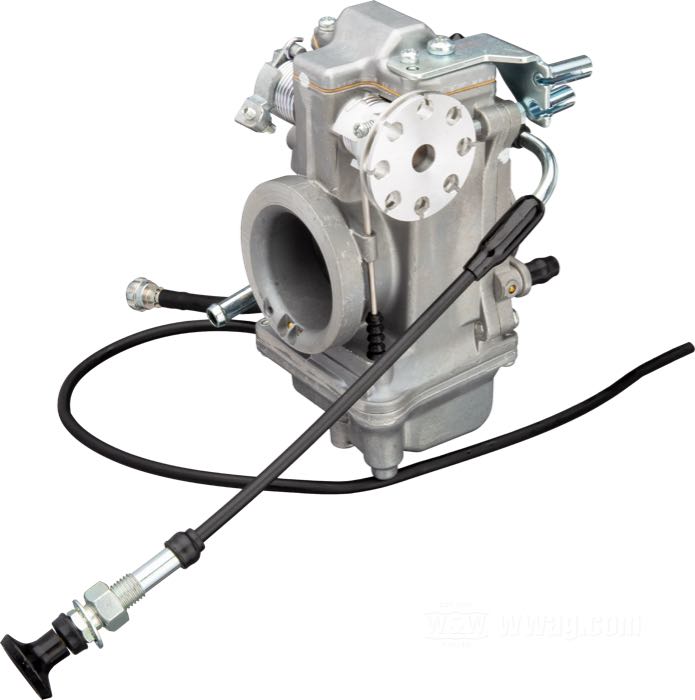 Carburatore a valvola »HSR42« di Mikuni; atto per Shovelhead 1966-1984; alluminio fuso / acciaio; con collettore, fascette e filtro aria con coperchio cromato; AVVERTENZA: usa cavi apertura/chiusura di 1990→; peso lordo: 2.88 kg