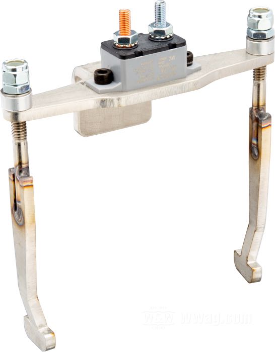 Haltestangen von Trident Cycle Supply; für Batterie; für Horseshoe Öltanks; passend für Big Twin 1936-1964; YTX5L-BS und YTX4L-BS; Edelstahl / Aluminium, blank; mit Befestigungsteilen, 30A Bimetallsicherung; USA; Bruttogewicht: 312 g