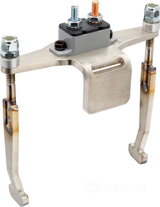 Haltestangen von Trident Cycle Supply; für Batterie; für Horseshoe Öltanks; passend für Big Twin 1936-1964; YTX5L-BS und YTX4L-BS; Edelstahl / Aluminium, blank; mit Befestigungsteilen, 30A Bimetallsicherung; USA; Bruttogewicht: 312 g