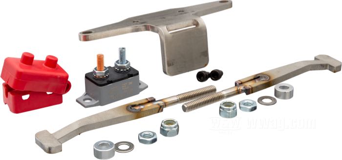 Haltestangen von Trident Cycle Supply; für Batterie; für Horseshoe Öltanks; passend für Big Twin 1936-1964; YTX5L-BS und YTX4L-BS; Edelstahl / Aluminium, blank; mit Befestigungsteilen, 30A Bimetallsicherung; USA; Bruttogewicht: 312 g