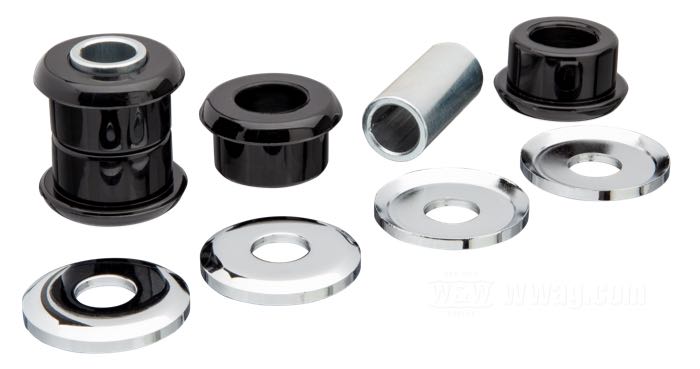Boccole riser »Heavy Duty«; atto per modelli FL e FX 1973-1984, Sportster 1973-2003, FXR 1983-1994, Dyna 1991-2017, Softail 1984-2017 (ecc. Springer); poliuretano; con rondelle cromate; peso lordo: 180 g