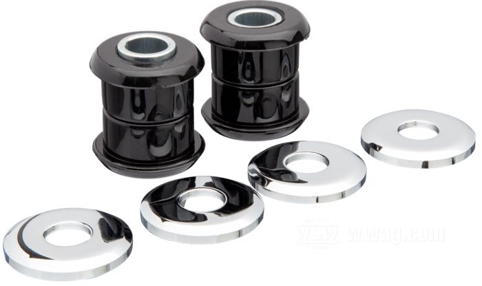 Boccole riser »Heavy Duty«; atto per modelli FL e FX 1973-1984, Sportster 1973-2003, FXR 1983-1994, Dyna 1991-2017, Softail 1984-2017 (ecc. Springer); poliuretano; con rondelle cromate; peso lordo: 180 g