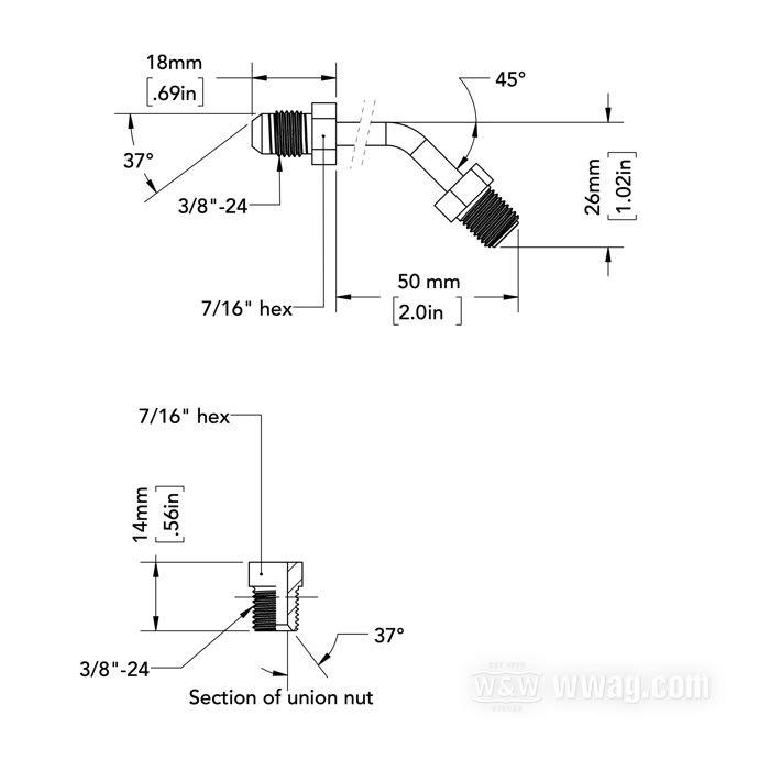 Fitting by Goodridge; stainless steel, 45°; length: 7 cm; connection thread: JIC 37°-3→3/8”-24 IF; gross weight: 18 g