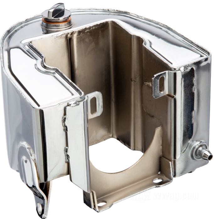 Bac à huile »Horseshoe«; adaptable à Big Twin 1958-1964; tôle d'acier, chromé; volume: 3.8 l; vis de vidange: 5/8”-18 UNF; bouchon remplissage: 1-1/4”-20; Filetage de connexion: 9/16“-24; avec leur vis de remplissage et de vidange; remplace OEM HD 62504-58; Taïwan; poids brut: 3.5 kg