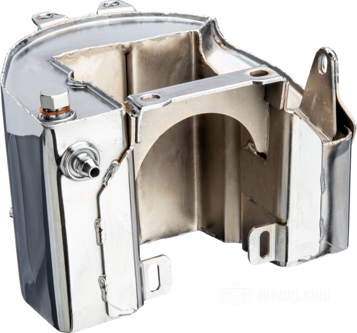Bac à huile »Horseshoe«; adaptable à Big Twin 1958-1964; tôle d'acier, chromé; volume: 3.8 l; vis de vidange: 5/8”-18 UNF; bouchon remplissage: 1-1/4”-20; Filetage de connexion: 9/16“-24; avec leur vis de remplissage et de vidange; remplace OEM HD 62504-58; Taïwan; poids brut: 3.5 kg
