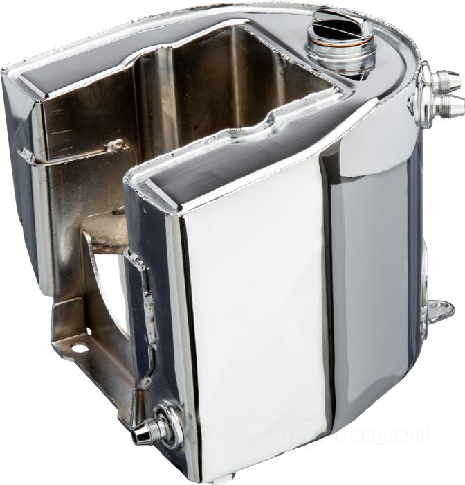Öltank »Horseshoe«; passend für Big Twin 1940-1957; Stahlblech, verchromt; Volumen: 3.8 l; Ablassschraube: 5/8”-18 UNF; Einfüllstutzen: 1-1/4”-20; Anschlussgewinde: 9/16“-24; mit Öleinfüll- und Ablassschraube; ersetzt OEM HD 62504-38; Taiwan; Bruttogewicht: 3.27 kg