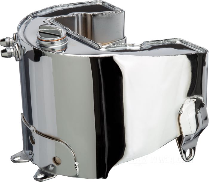 Öltank »Horseshoe«; passend für Big Twin 1940-1957; Stahlblech, verchromt; Volumen: 3.8 l; Ablassschraube: 5/8”-18 UNF; Einfüllstutzen: 1-1/4”-20; Anschlussgewinde: 9/16“-24; mit Öleinfüll- und Ablassschraube; ersetzt OEM HD 62504-38; Taiwan; Bruttogewicht: 3.27 kg