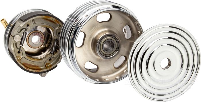 Freno de tambor »Mini« de Kustom Tech; para Horquilla Springer; hierro fundido / aluminio, cromado; ancho: 80 mm; Ø 160 mm; posición: delantero; Número de radios: 40; con cojinetes de ruedas de 3/4”; Italia; peso bruto: 4.58 kg