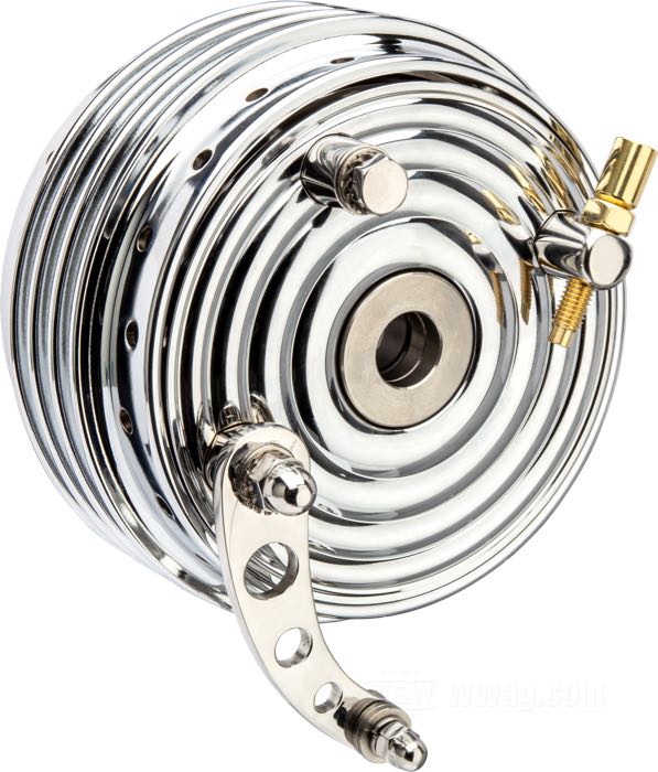 Freno de tambor »Mini« de Kustom Tech; para Horquilla Springer; hierro fundido / aluminio, cromado; ancho: 80 mm; Ø 160 mm; posición: delantero; Número de radios: 40; con cojinetes de ruedas de 3/4”; Italia; peso bruto: 4.58 kg