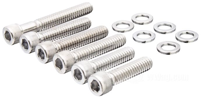 Bolt/screw kit by Colony; for Gear cover; fits Big Twin 1970-1992; steel, chrome-plated; socket head; replaces OEM HD 1305, 1301, and 1308; USA; gross weight: 70 g