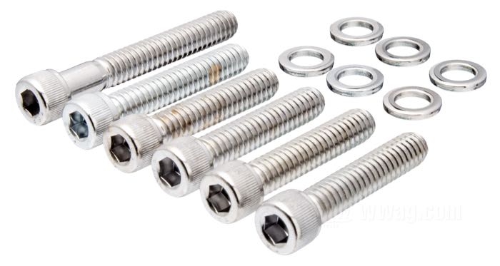 Kit viti di Colony; per Coperchio distribuzione; atto per Big Twin 1993-1998 (Softail →1999); acciaio, cromato; a brugola; rimpiazza OEM HD 3480, 4813, 4718 e 4740; U.S.A.; peso lordo: 70 g