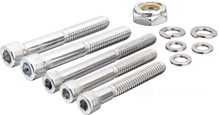 Kit de bulones de Colony; para Tapa piñón salida de cambio; apropiado para Sportster 1986-2020; acero, cromado; con hexágono interior; reemplaza OEM HD 1797R, 3478, 3480 y 7844; EE. UU.; peso bruto: 110 g