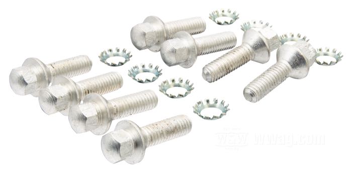 Kit viti di Colony; per Guida di punterie; atto per Big Twins 1954–early 1976; acciaio, CAD (procedimento ZnNi); testa svasata esgonale; filettatura: 1/4”-24; lunghezza: 7/8 ” (22 mm); con rondelle a dentatura; rimpiazza OEM HD 18660-53; U.S.A.; peso lordo: 90 g