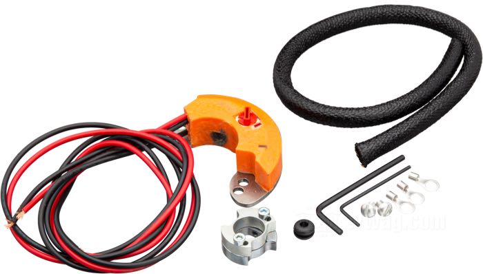 Sistema de encendido »Electronic Vintage« de Samwel Supplies; apropiado para Knucklehead 1936, todas bicilíndricas 1937-1948; autoajustable; para usar con 6 o 12 V; con centralita, cables, funda de tejido y tornillería; peso bruto: 170 g