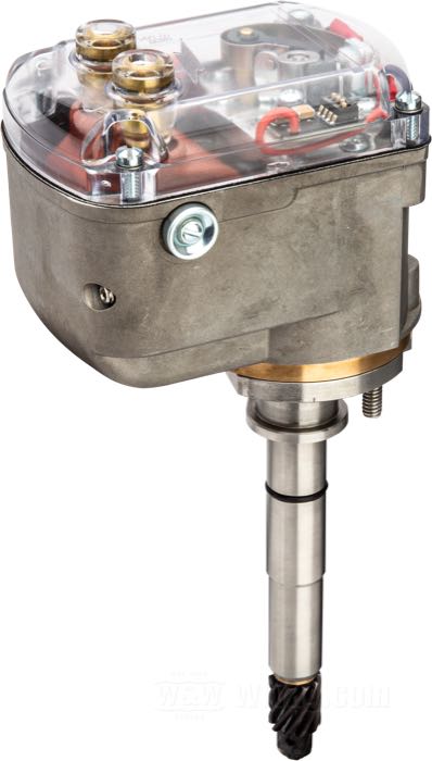 Magneto »MM74E« de Morris Magneto; apropiado para Big Twin OHV 1936-1969; aluminio, acabado moldeado, tapa transparente, magneto se monta en el sentido de la marcha; EE. UU.; peso bruto: 2.77 kg